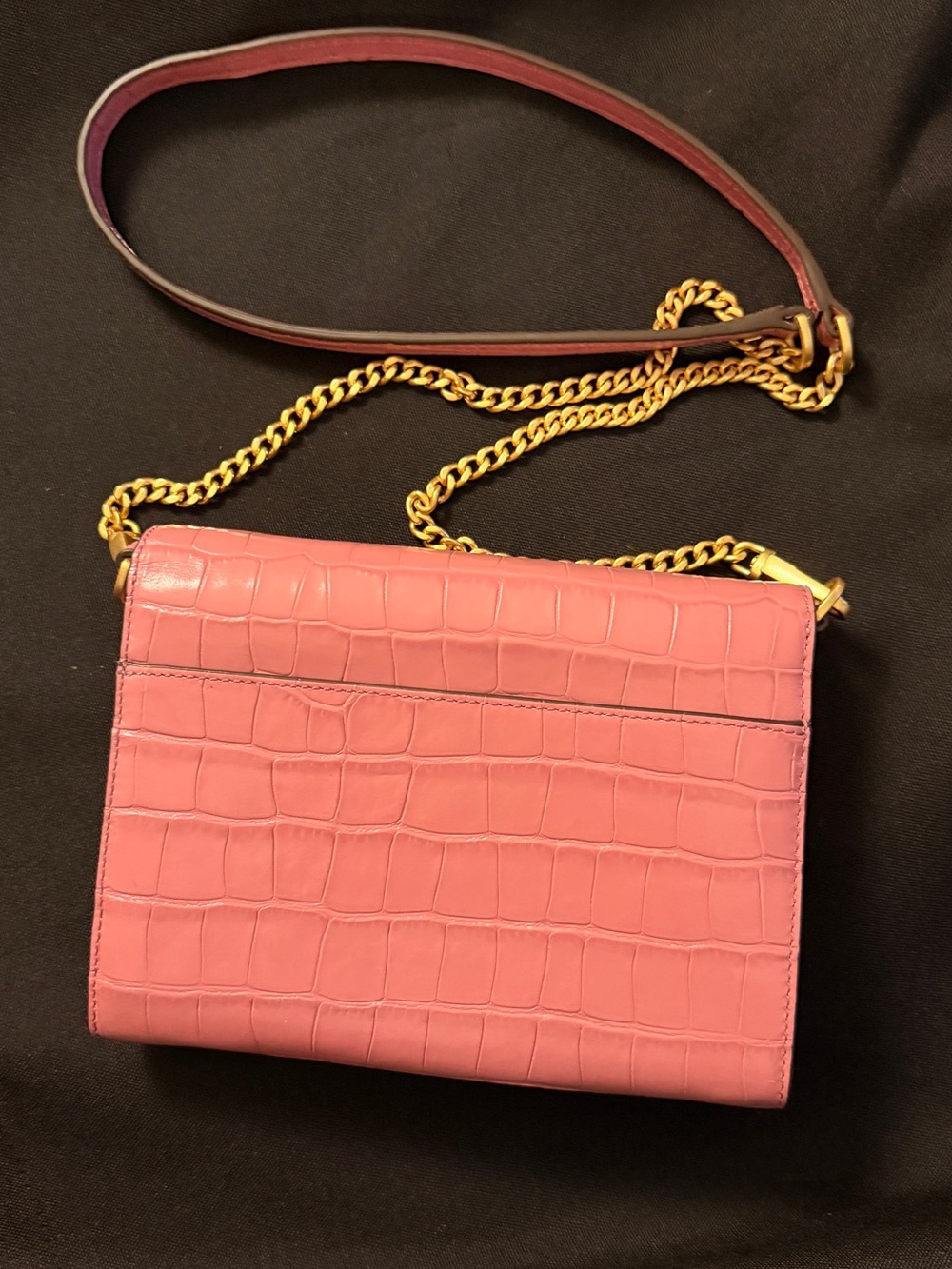 Tory Burch Pink Croc-Embossed Chain Crossbody with Gold Logo - Picture 4 of 6
